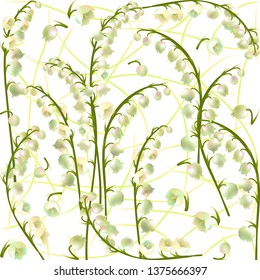 Convallaria majalis - Lilly of the valley. Hand drawn of spring flowers and lush foliage. Springtime. Seamless background. Vector illustration.