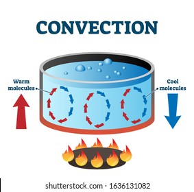 Convection currents vector illustration labeled diagram. Warm and cool molecules energy movement cycle scheme. Example with a stove fire heat and water pot. Liquid substance convective heat transfer. svg