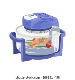 Convection Oven, Air Grill, Deep Fryer. Air Grill With Steak Salmon. Household Appliances For The Kitchen. The Management Of The Household. Vector Illustration. 