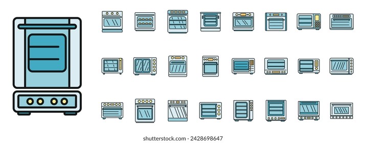 Convection oven appliance icons set. Outline set of convection oven appliance vector icons thin line color flat on white