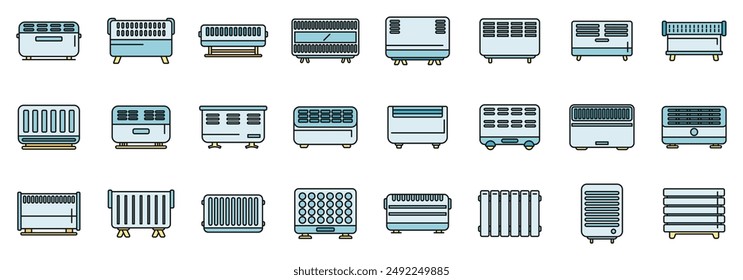 Convector icons set outline vector. Radiator bars. Central climate thin line color flat on white