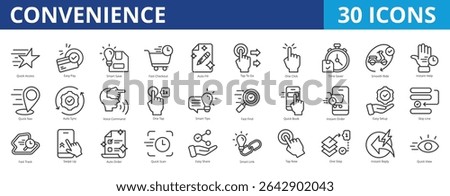 Convenience icon pack collection set for ecommerce and customer service. With quick access, easy pay, smart save, fast checkout, auto fill, tap to go, one click, time saver, smooth ride, instant help