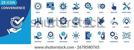 Convenience icon set collection in flat style. Icon pack contains easy, quick, access, flexible, handy tools, ready, smart, fast, anytime, nearby, automatic, available, useful, helpful