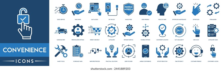 Conjunto de iconos de conveniencia. Servicio rápido, acceso conveniente, ahorro de tiempo, fácil acceso, sin complicaciones, fácil de usar, optimizado, automatizado, servicio eficiente, opciones flexibles y ubicación conveniente