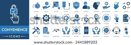 Convenience icon set. Quick Service, Convenient Access, Time Saving, Easy Access, Hassle Free, User Friendly, Streamlined, Automated, Efficient Service, Flexible Options and Convenient Location