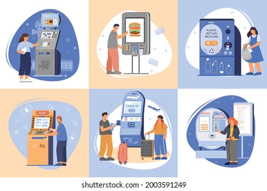 Convenience and joy of using self service machines set flat isolates vector illustration