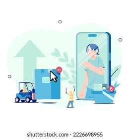 convenience of online shopping. behind the scenes of online shopping. Vector Illustration