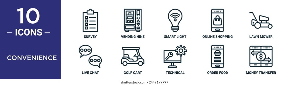 convenience outline icon set includes thin line survey, vending hine, smart light, online shopping, lawn mower, live chat, golf cart icons for report, presentation, diagram, web design