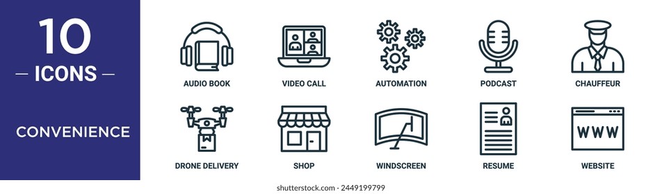 convenience outline icon set includes thin line audio book, video call, automation, podcast, chauffeur, drone delivery, shop icons for report, presentation, diagram, web design