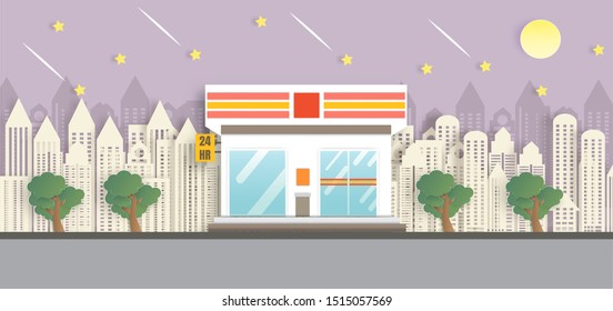 convenience store. 24 hour shop.convenience store open in the night time in paper cut and craft style.