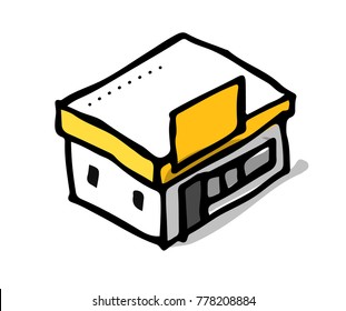 Convenience store building isometric in doodling black yellow color