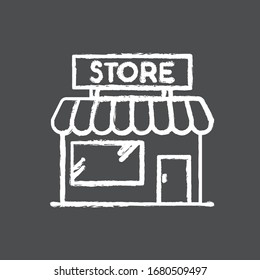 Convenience store chalk white icon on black background. Grocery shop exterior. Small business in retail. Duty free mall with awning. Supermarket with showcase. Isolated vector chalkboard illustration