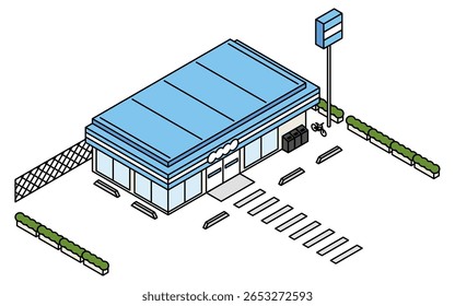 Extérieur de magasin de proximité sans voitures, illustration isométrique avec art de ligne simple, Illustration vectorielle