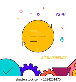 Convenience store filled line vector icon, simple illustration, clock, time related bottom border.
