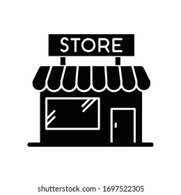 Convenience Store Flat Design Long Shadow Glyph Icon. Grocery Shop Exterior. Small Business In Retail. Duty Free Mall With Awning. Silhouette Symbol On White Space. Vector Isolated Illustration