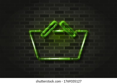 Convenience store, green shopping basket glowing neon sign or glass tube. Realistic vector illustration. Black brick wall, soft shadow.