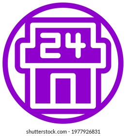Convenience store icon in flat design with purple color and outline on a line circle background.