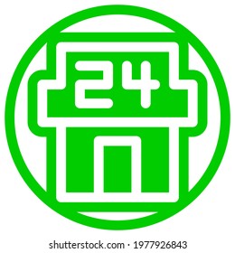 Convenience store icon in flat design with green color and outline on a line circle background.