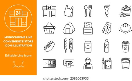 Convenience store icon illustration set , paths editable , monochrome