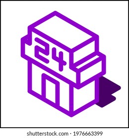Convenience store icon in isometric flat design with purple color and shape of a shadow.