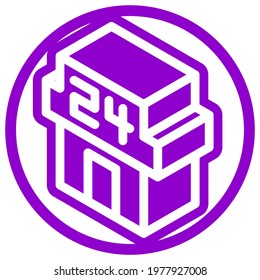 Convenience store icon in isometric flat purple design with color and outline on a line circle background.