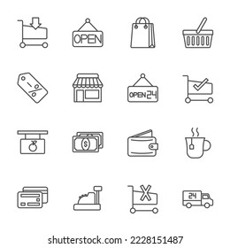 Convenience store icon set, Super market and shopping mall, shopping cart, shop, basket, dalivery, pocket money, Vector thin line icon