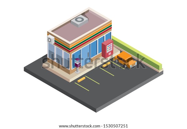 convenience store isometric, shop, 24 hour,\
illustration vector\
design
