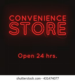 Convenience store neon shining on black background.