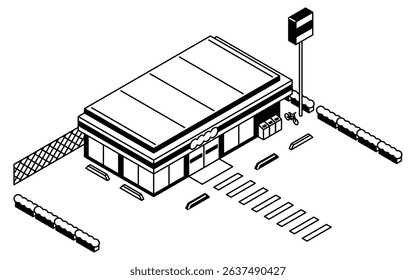 Convenience store with no cars parked in parking lot, simple black and white line drawing isometric illustration, Vector Illustration