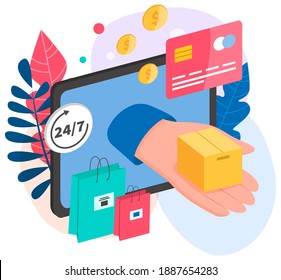 Convenience store on the Internet. Online shopping platform for delivery of goods on order. Transportation of customer purchases. Hand from tablet is holding cardboard box vector illustration