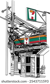 Convenience store open 24 hours in Bangkok Thailand, freehand drawn style, illustration on transpanrent background