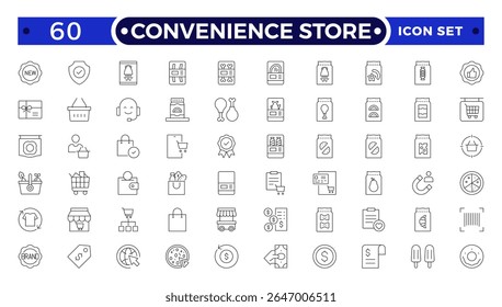 Conjunto de Ícones de Estrutura de Tópicos de Loja de Conveniência. Pagamento on-line, desconto, comprar, carrinho de compras, entrega, cartão de crédito, atendimento ao cliente
