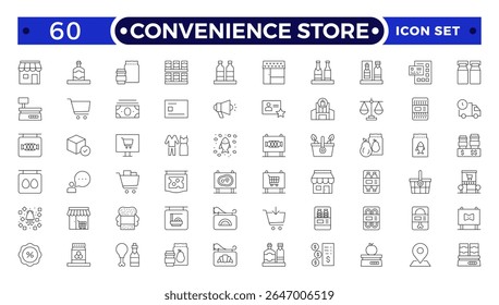 Conjunto de iconos de contorno de tienda de conveniencia. Pago en línea, descuento, compra, Carrito de compras, entrega, tarjeta de crédito, Servicio al cliente

