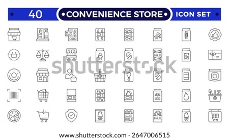 Convenience Store Outline Icon Set. Online payment, discount, buy, shopping cart, delivery, credit card, customer service
