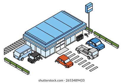 Dépanneur avec voitures et camions garés dans le parking, illustration isométrique avec art en ligne simple, Illustration vectorielle