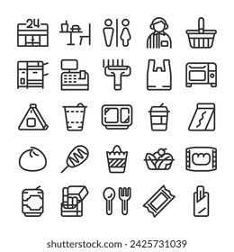 Convenience store products and services icon set