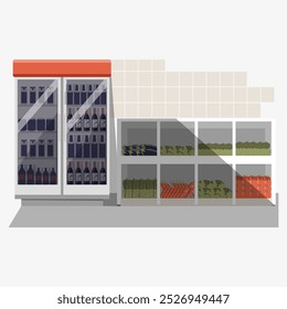 Estanterías de tiendas de conveniencia con bebidas y productos empaquetados en Ilustración vectorial plana que simbolizan el comercio minorista, las compras y los productos de consumo, aislados sobre fondo blanco.