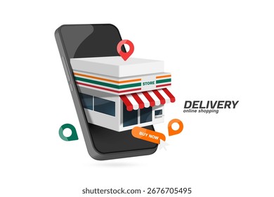 Loja de conveniência ou loja são exibidas em telas de smartphones para comunicar compras on-line através de aplicações de smartphones e fornecer serviços de entrega aos clientes, vetor 3d isolado para comércio eletrônico 