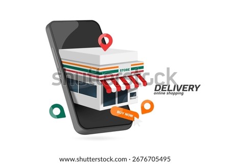 Convenience store or shop are displayed on smartphone screens to communicate online shopping via smartphone applications and provide delivery services to customers, vector 3d isolated for e commerce 
