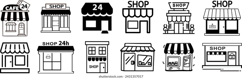 Convenience store, shop material set. Store icon