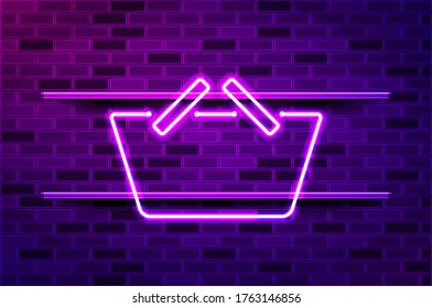 Convenience Store, Shopping Basket Glowing Neon Sign Or LED Strip Light. Realistic Vector Illustration. Purple Brick Wall, Violet Glow, Metal Holders.