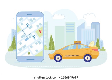 Convenient Application for Viewing Path Taxi Car. Transport for Carry Customers Moves along City Road. Next to Car Enlarged Smartphone, on which Opened City Map and Dotted Line Indicates Taxi Path.