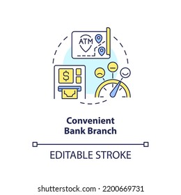 Convenient Bank Branch Concept Icon. Customer Comfort. Choose Bank Abstract Idea Thin Line Illustration. Isolated Outline Drawing. Editable Stroke. Arial, Myriad Pro-Bold Fonts Used