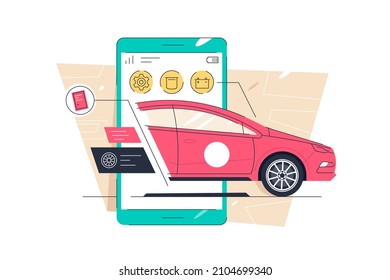 Convenient car scan using mobile app on your smartphone vector illustration. Scan vehicle by mobile device flat style. Technology concept