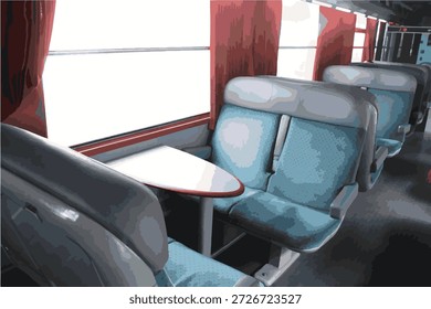 Conveniente e confortável de classe executiva de trem Assentos de veludo com uma mesa para quatro passageiros Uma carruagem de um trem francês Disposições de assento para bilhetes comprados para uma viagem turística Olhando pela janela em Avito, é um passeio agradável. Férias de viagem em família