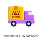 Convenient delivery and transportation concept. A cargo van in a minimalist cartoon style with a packaging box. Vector 3D illustration.