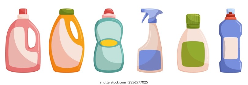 Convenient Detergent Bottles Isolated Set, Efficient For Laundry And Cleaning Tasks. Clear Packaging Allows Easy Measurement And Use, Making Chores Effortless. Cartoon Vector Illustration