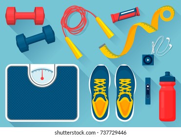 Convenient equipment for fitness vector illustrations set. Comfortable sneakers, tools for exercises, floor scales, water bottle and mp3 player.