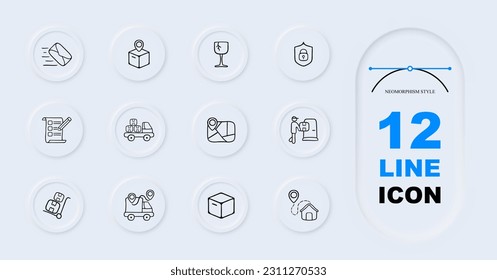 Servicio de entrega de mercancías conveniente. Entrega rápida, confiable y sin complicaciones de productos a su puerta. Compras en línea, logística eficiente. Fondo de color Pastel. Icono de línea del vector 12