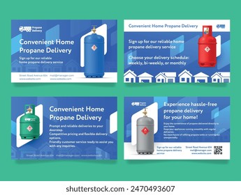 Convenient home propane delivery service business card design template set vector illustration. Domestic portable tank gas cylinder for cooking and heating pressure fuel supply household appliance